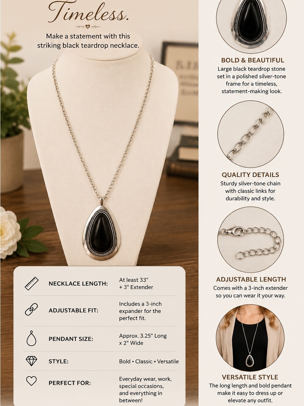 paparazzi Silver-Tone Necklace with Black Teardrop Pendant
